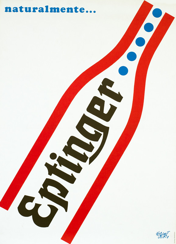 Simple graphics, red outline of bottle  "Eptinger" in bold print inside, blue dot/bubbles flowing out; white background, red, blue, black