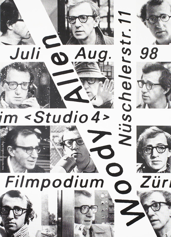 Photos of Woody imposed on lines suggesting city streets; black, white