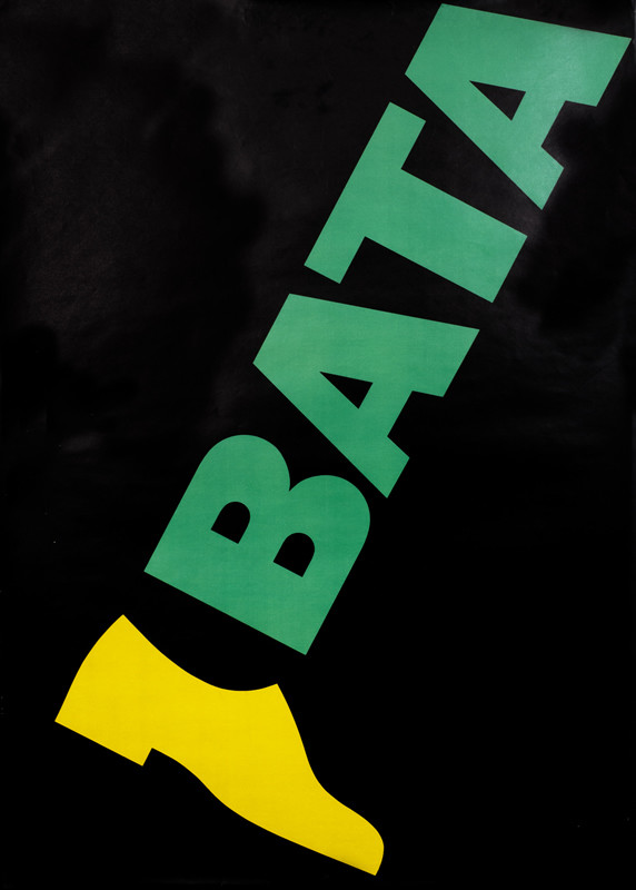 Shoe connected to leg made up of the GREEN letters BATA; black,  green