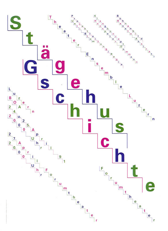 Typography on sketched stairs; green, blue, white, pink