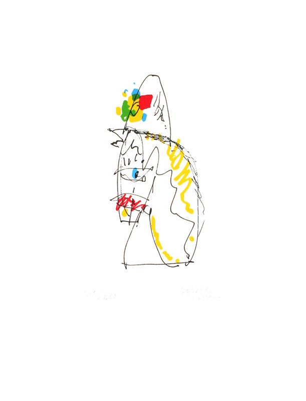 sketch-drawn head of horse wearing hat; yellow, red, white