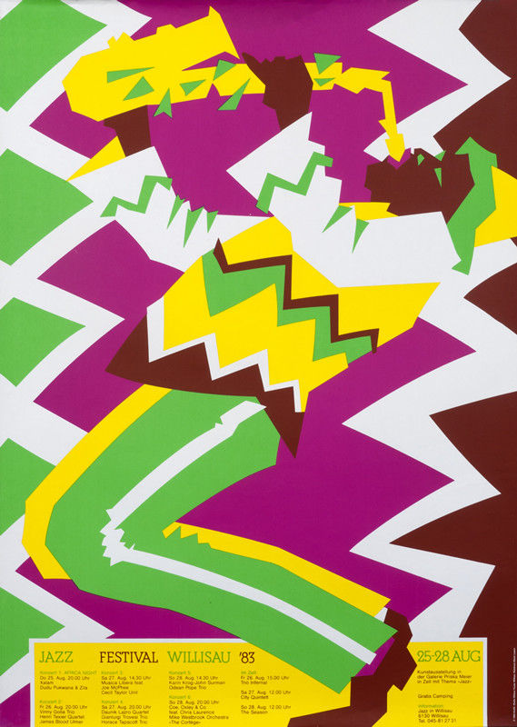 Black man plays saxophone; pink, yellow, green, brown