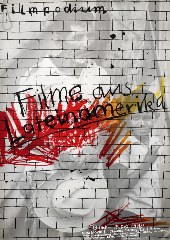 Brick wall, man with hat and boy superimposed; gray, orange