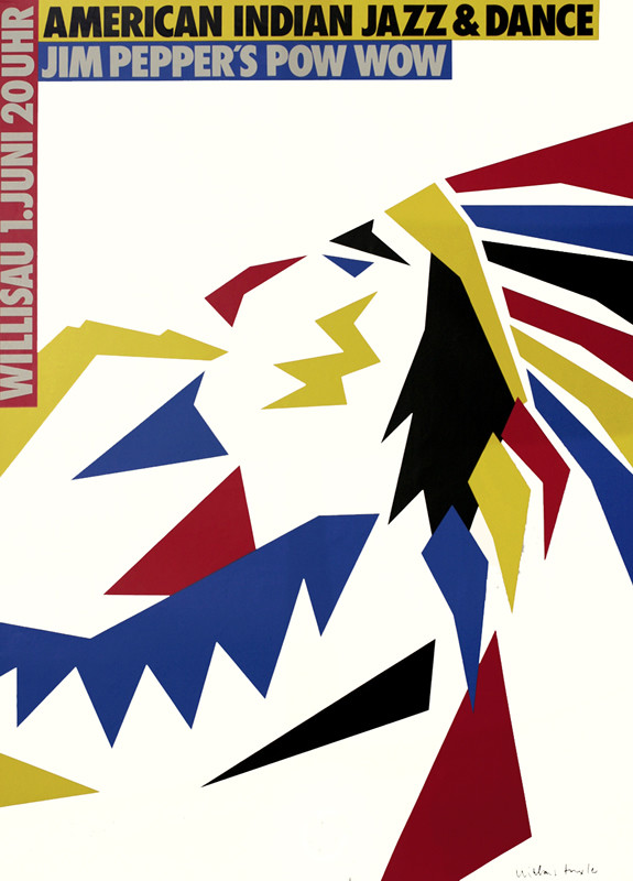 Indian in headdress; red, blue, yellow