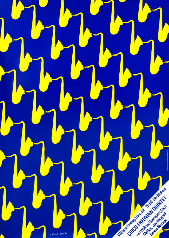 Multiple saxophones play each other; yellow, blue