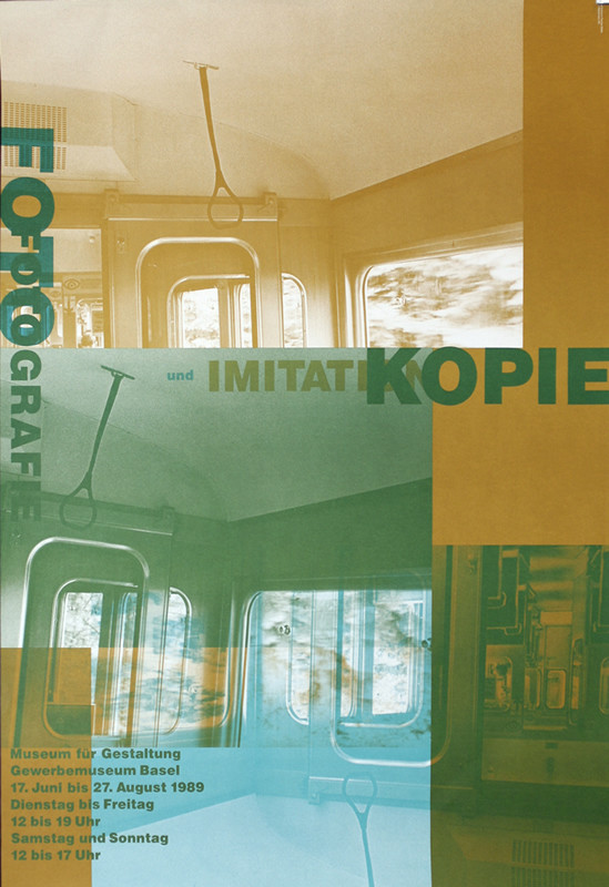 images of inside of subway car; green, blue, brown