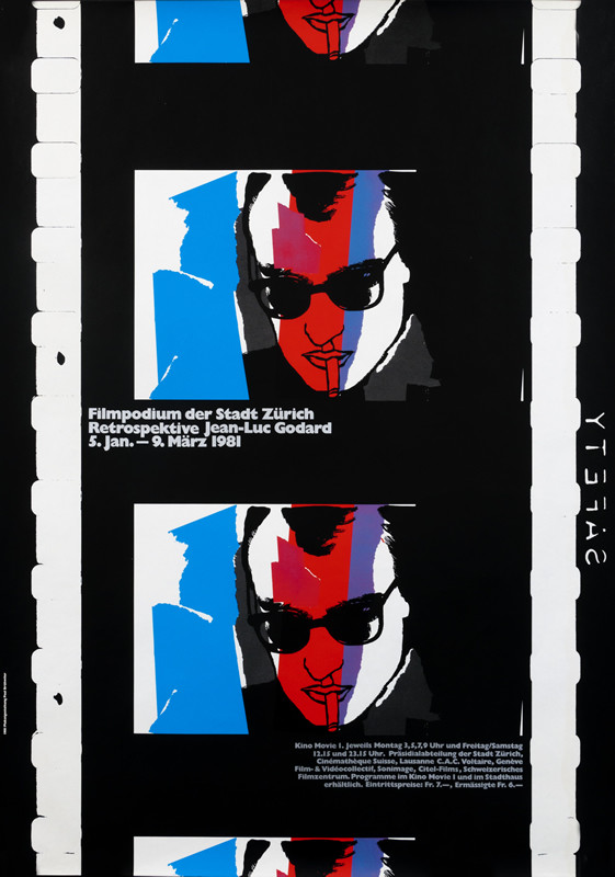 repeated frames of Godard in glasses smoking; red, blue, black