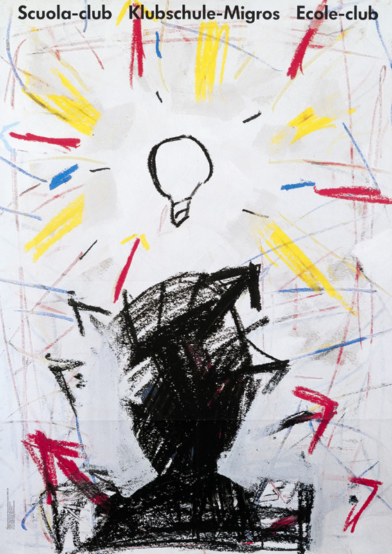 Abstract figure with lighbulb over head; black, yellow, red