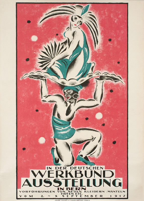 Kneeling man holds woman on his shoulders; pink, green