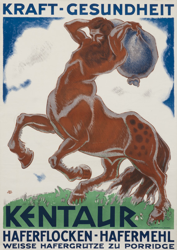 Centaur wields bag of wheat meal or oat flour; brown, green