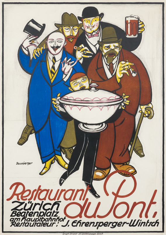 Waiter holds covered dish as gentlemen raise hats, beer mugs and cigars; blue, black
