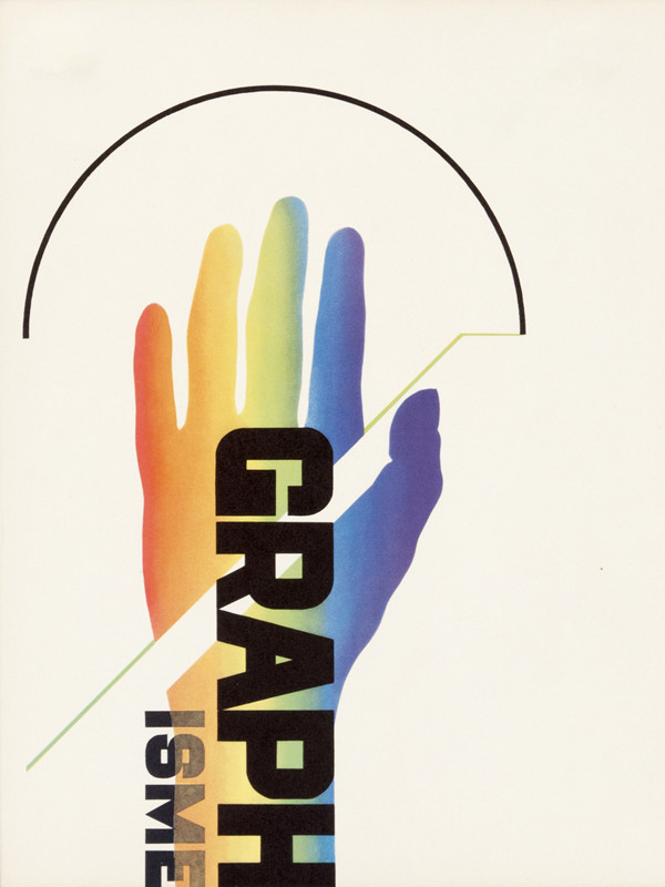Hand in rainbow palette; red, blue, green