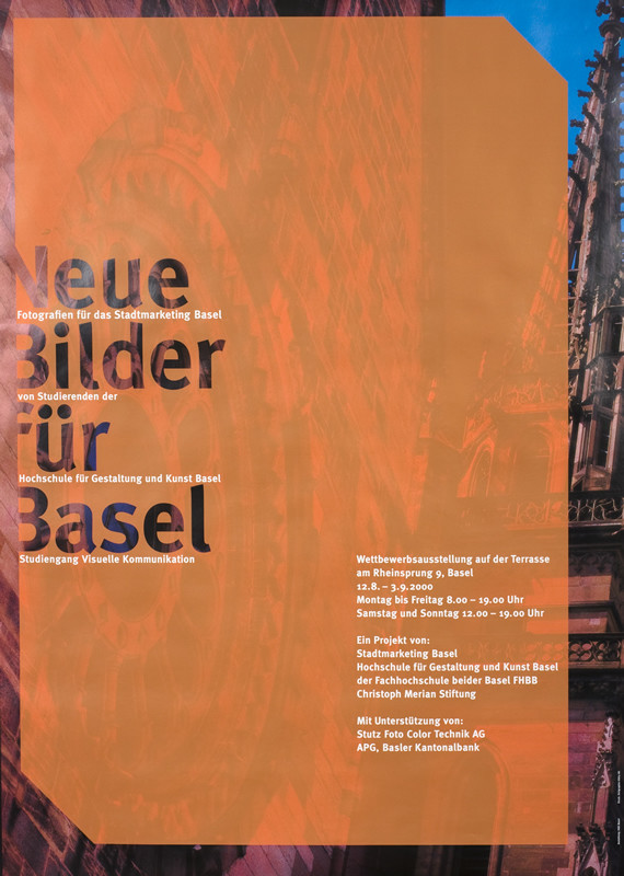 Images of Basel cathedral, exhibition text; brown, blue