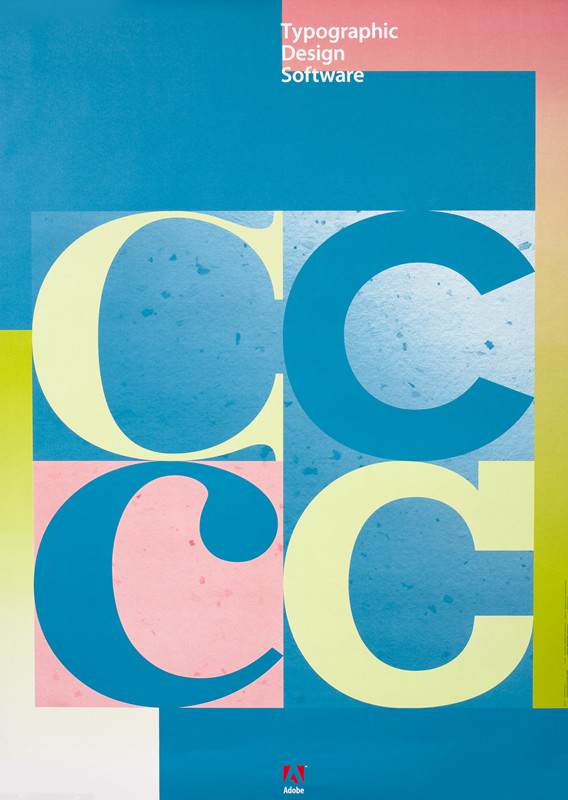 Letter "C" in different fonts in color blocks, Adobe logo; blue, green, pink, pastel