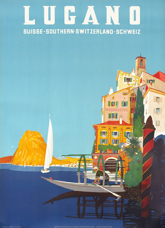 Man in boat rows forward, lake with boats, mountain in background, city to right side; blue, orange, green, red