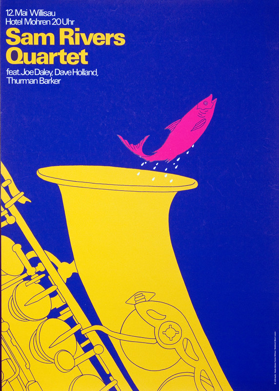 Fish leaps out of saxophone; pink, yellow, blue