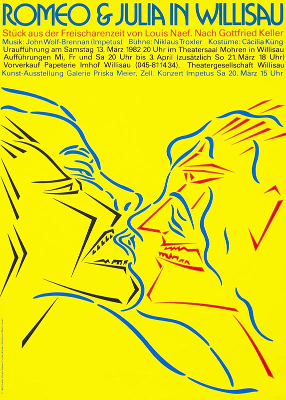 Abstract outlines of Romeo and Juliet kissing; yellow, blue, red