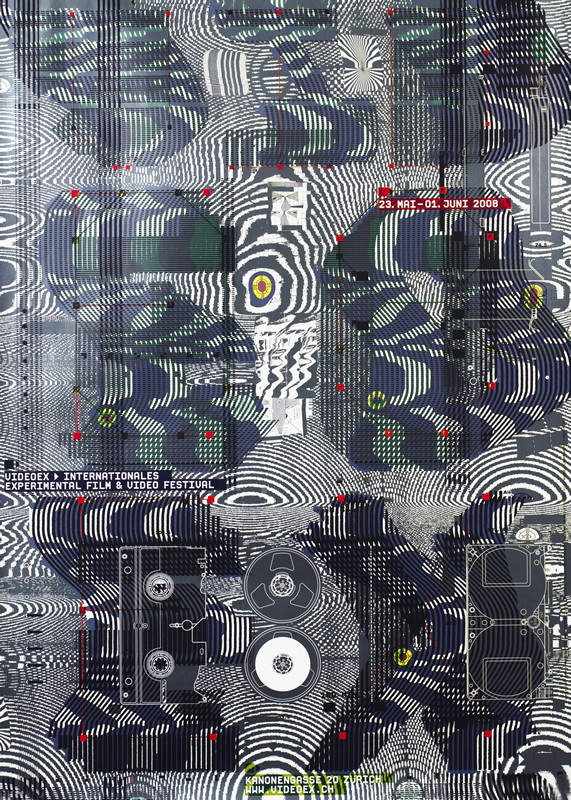 Abstract views of video equipment, projectors, images, many lines forming patterns; black, silver, red, green