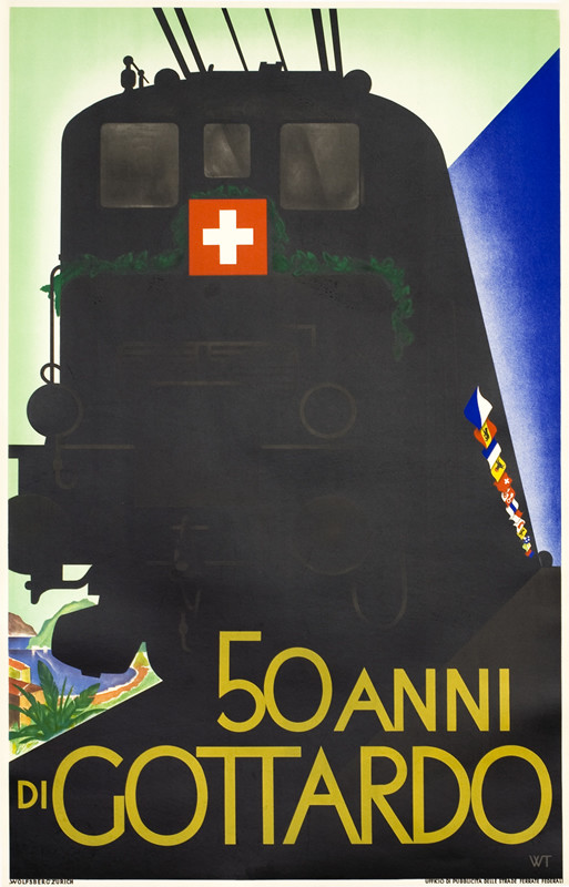 Foreshortened view of train in mountains, flags along one side, garland at front, landscape, lake; black, blue, green