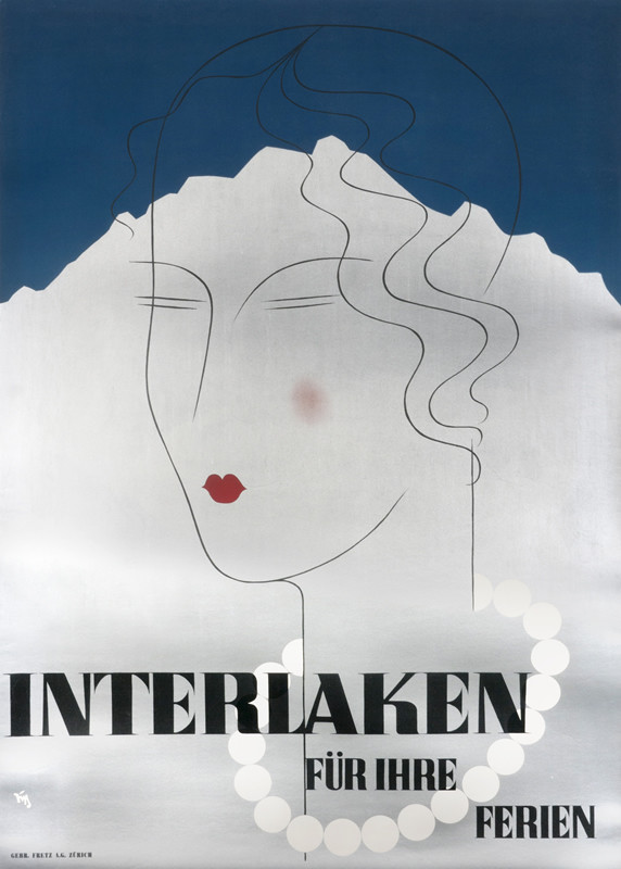 Elegant woman's head outlined in front of mountains, wearing pearl necklace, red lipstick; blue, silver, red, black