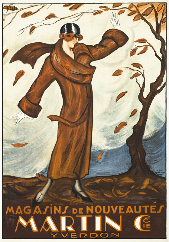 Fashionable woman in fur coat under tree with leaves falling, windy day; brown, red, blue, orange