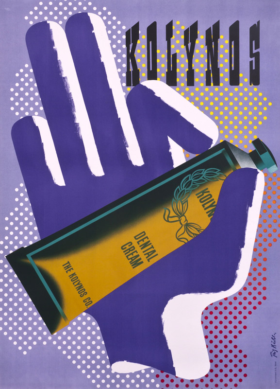 Hand holds toothpaste tube; purple, yellow