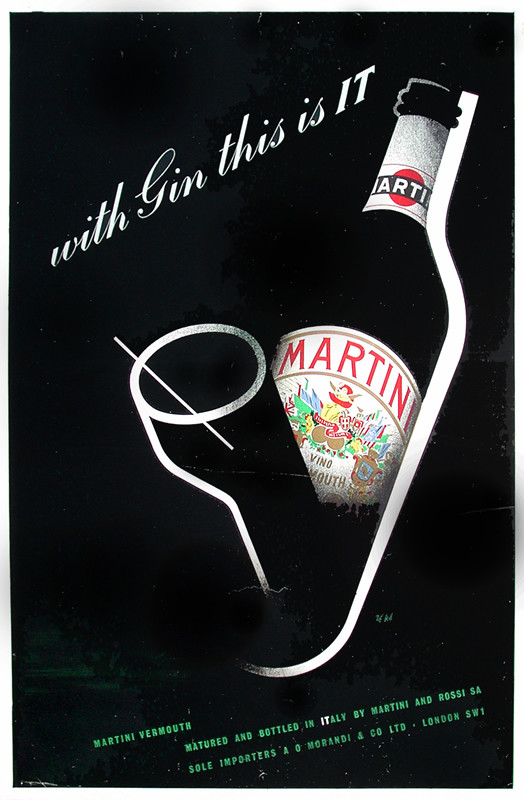 martini glass superimposed on bottle; black