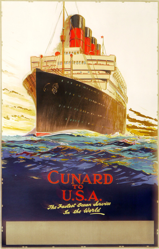 Ocean liner at sea; red, blue, white, black