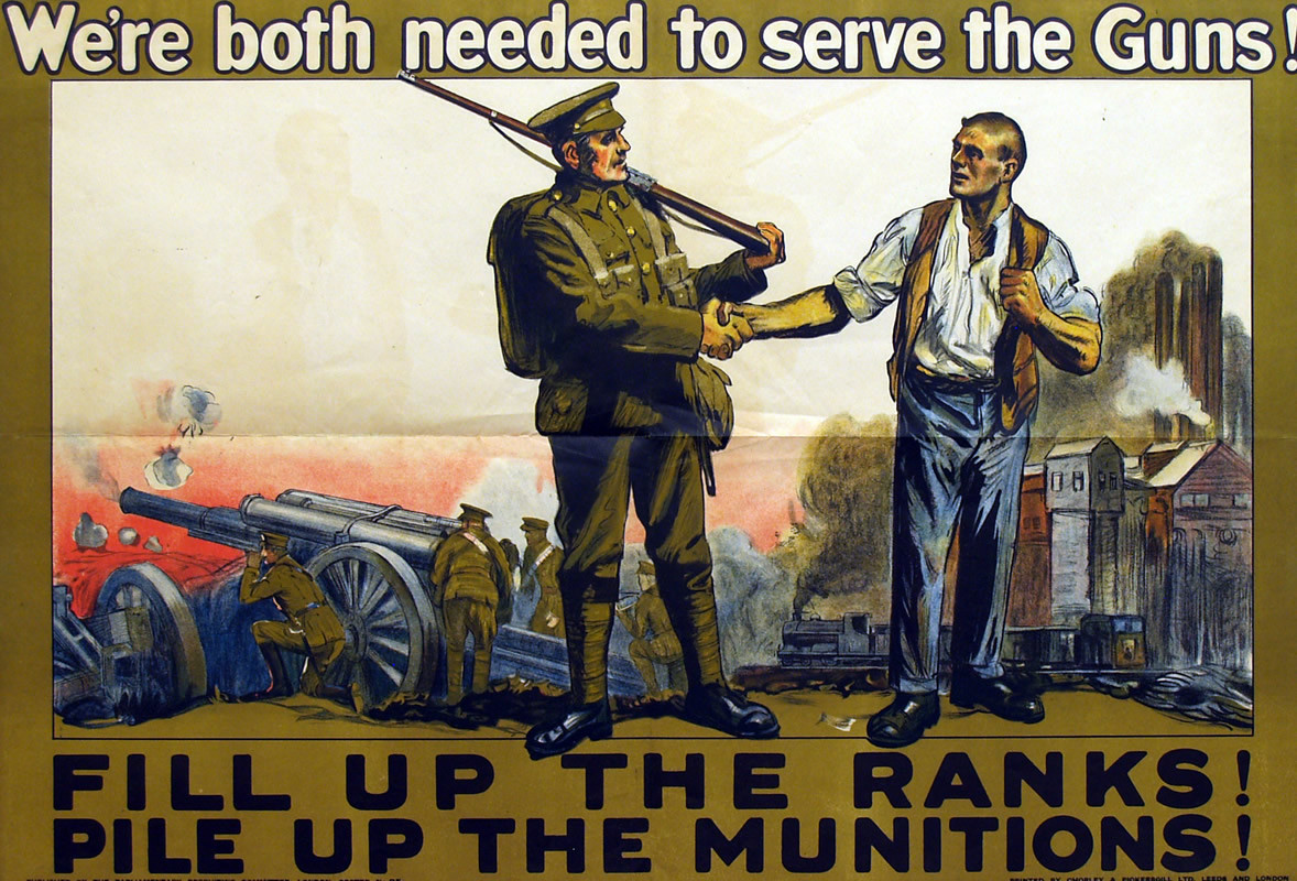 Soldier shaking hands with munitions worker; brown, olive green