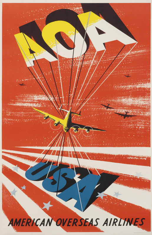 Airplanes fly above stars and stripes; red, blue, yellow