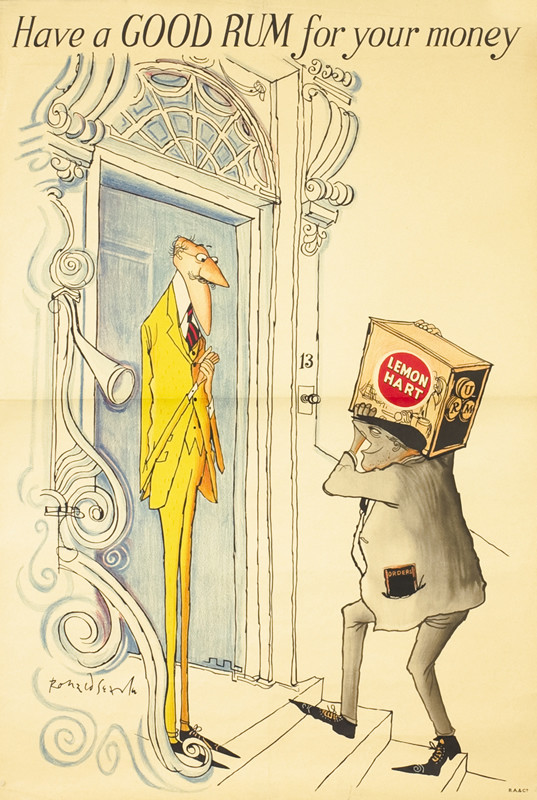 Delivery man carries crate of Lemon Hart rum up to man waiting at door; blue, yellow, red