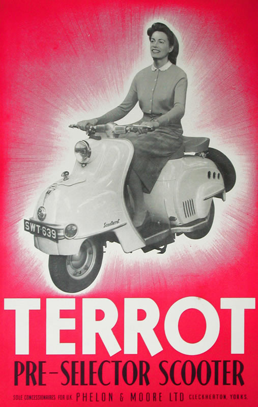 Prim lady on scooter; red