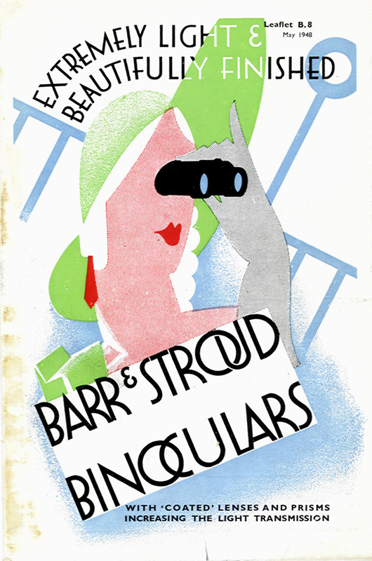 Woman in hat and gloves looks through binoculars; blue, green, pink