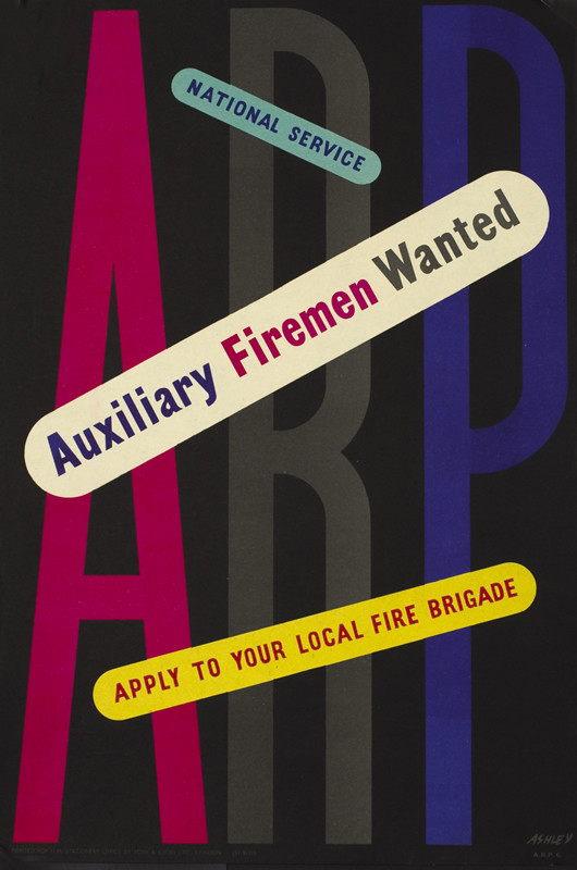 Letters "A", "R", and "P", banners with additional text; black, red, blue, gray, yellow