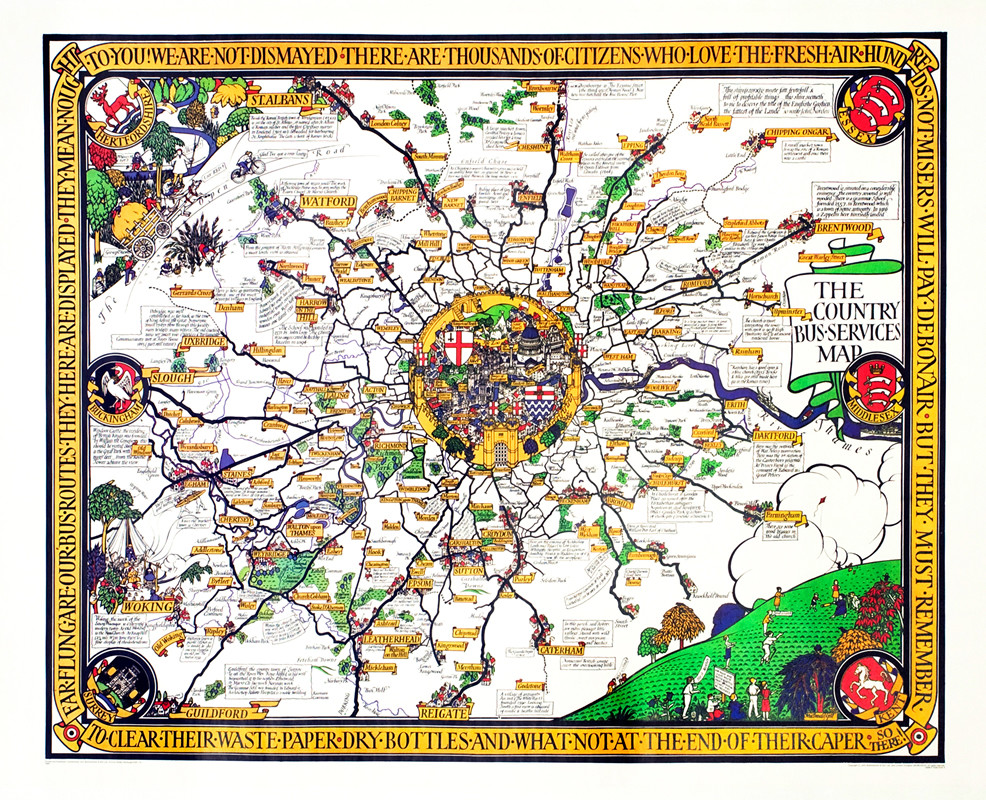 Detailed map showing London and bus routes leading to other points of England, sites, attractions marked, crests of counties; white, yellow, green, red