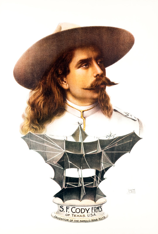 Bust of S. F. Cody, war kite below; black, brown, white
