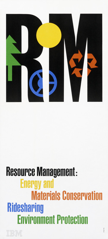 Letters R&M with images of trees, recycling and wheel; black, red, yellow, blue