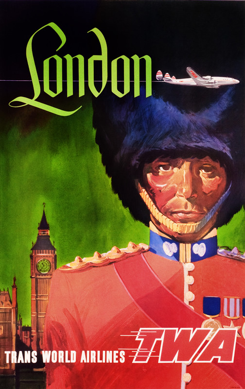 Grenadier guard posing stiffly, Big Ben behind, Constellation; green, red, black