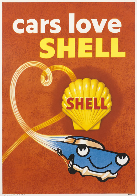 Smiling car zips off under shell sign; blue, orange, white