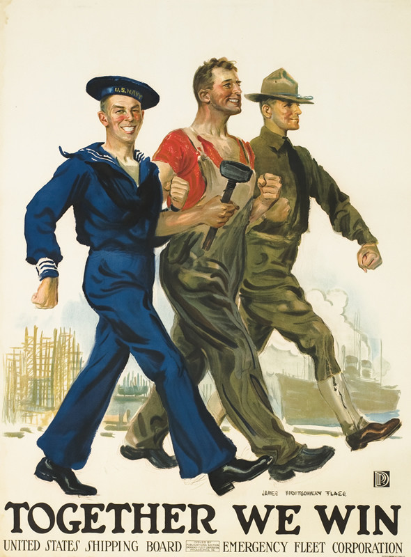 Sailor, worker and army soldier walk arm in arm; blue, green, red