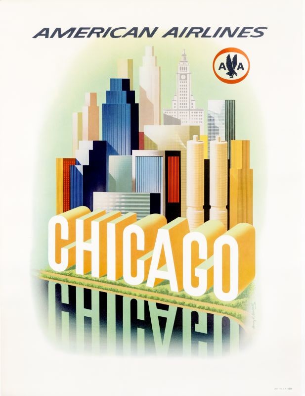 Buildings of Chicago above Lake Michigan shoreline; green, orange, blue