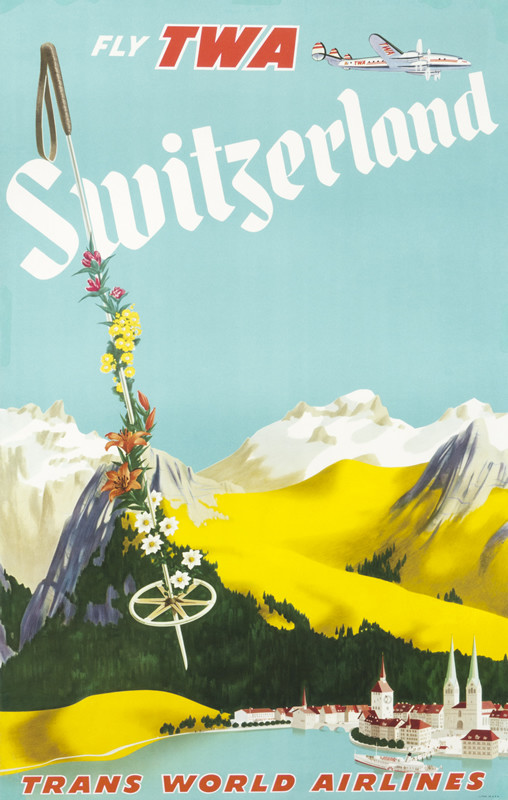 Swiss lakeside city, constellation airplane, mountain landscape, skipole with flowers attached; green, blue, red, white