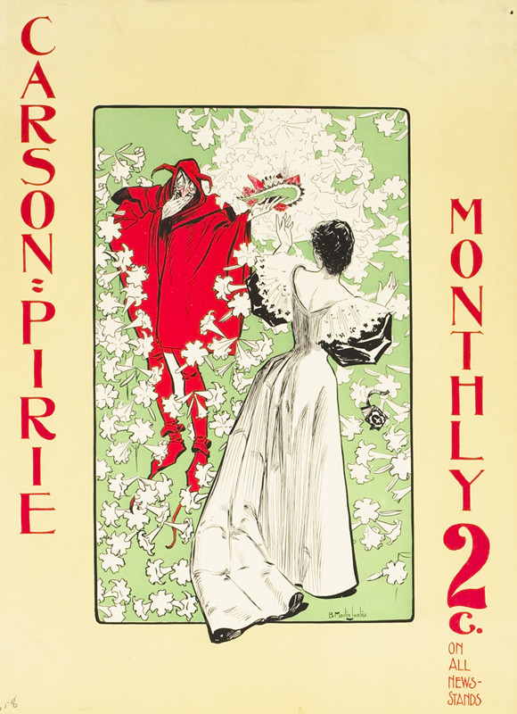 Cascades of flowers falling, devil in cape holds hat out to woman in period dress, prayer book falling; red, green, white, black