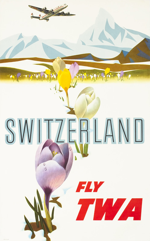 Constellation plane flies, view of Swiss Alps, countryside, crocuses; blue, brown, green, purple