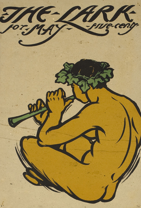 Nude man in wreath plays lute; brown, green, orange