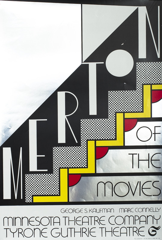 Abstract stepped patterns, text; silver, black, yellow, red