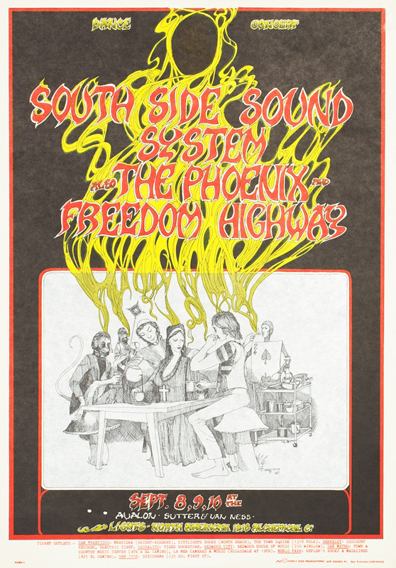 Seated figures smoke and drink at table; red, yellow, gray, black