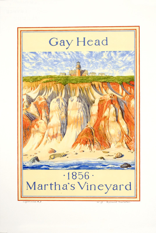 View of Gay Head lighthouse, cliffs, beach; blue, red, white, green