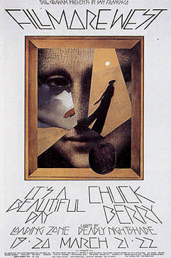No. 224, collaged image of mona lisa, Dali-esque, Chuck Berry, The Loading Zone; yellow, white, black