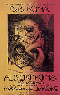 No. 235, drawn image of cat with statuesque mother and children sitting in top, Albert King, Mendelbaum; yellow, pink, neon